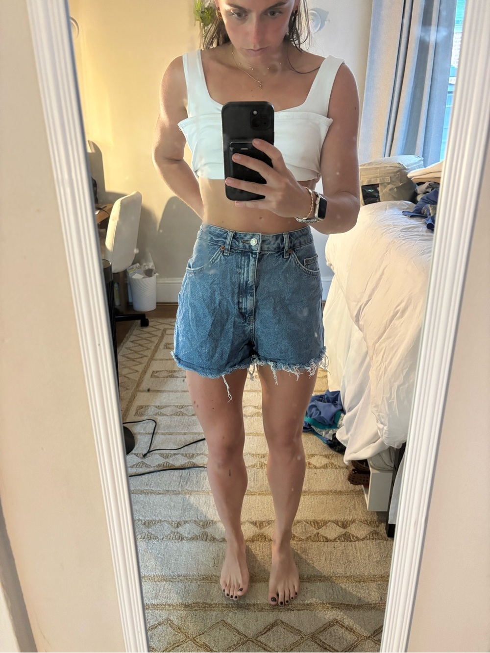 Topshop Medium Blue High-Rise Distressed Denim Shorts